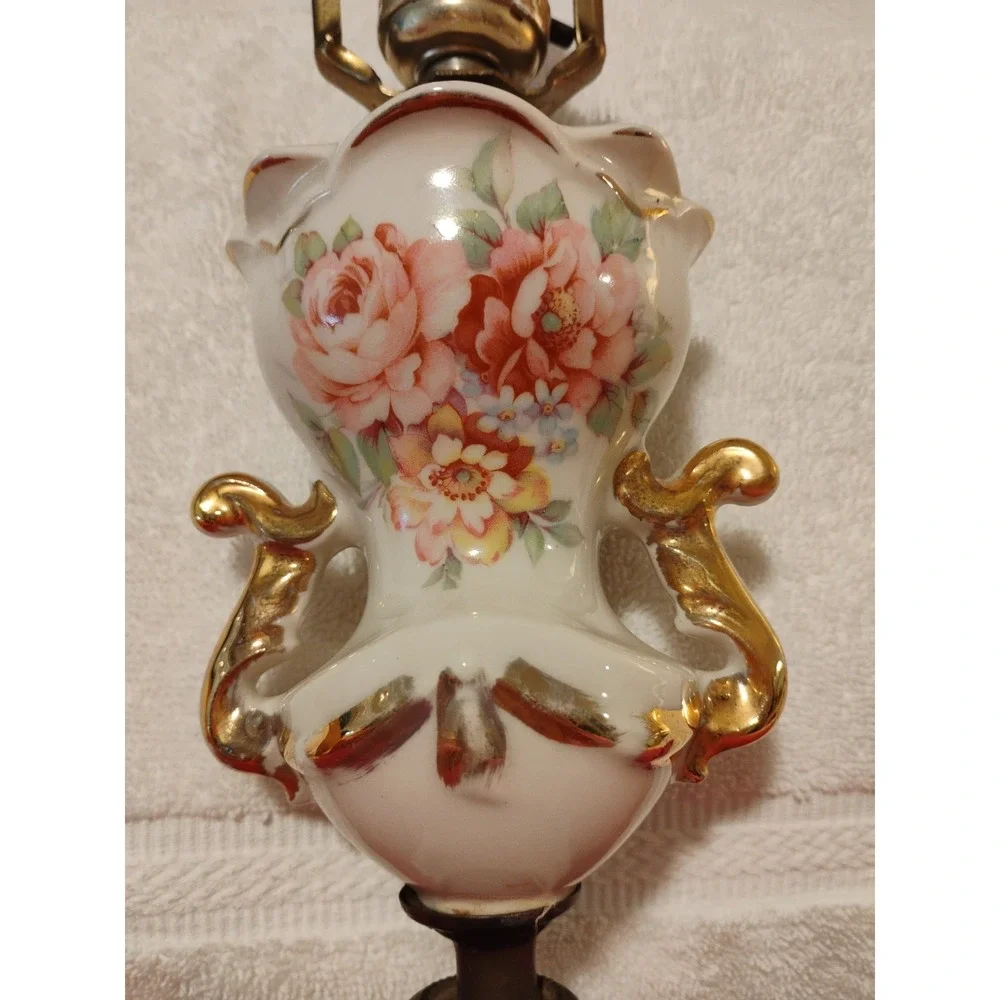 Antique Germany '15108' Porcelain Figural Table Lamp Rose Design‎ With 24K Gold